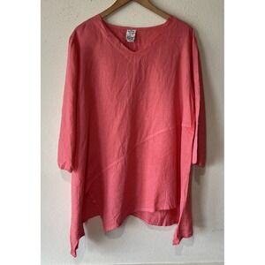 Match Point Linen Peach Asymmetrical Hem Lagenlook Tunic Resort Boxy Vacation L